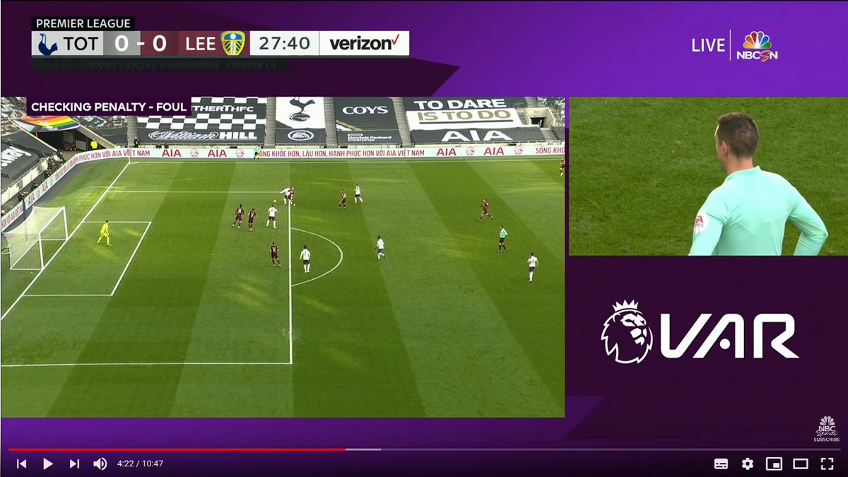 The frame chosen by the VAR, who again was Paul Tierney, could perhaps have been marginally later than it should have been. Note it is Alioski's right leg that causes the foul, which is obscured here and is further forward than the image may initially suggest.