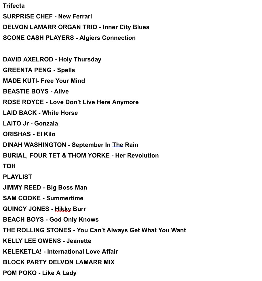 Hey friends. Here's what I played on my <a href="/BBC6Music/">BBC Radio 6 Music</a> show on Saturday, featuring a special block party from <a href="/DelvonLamarr/">Delvon Lamarr</a> You can listen again on <a href="/BBCSounds/">BBC Sounds</a> here bbc.co.uk/sounds/play/m0…