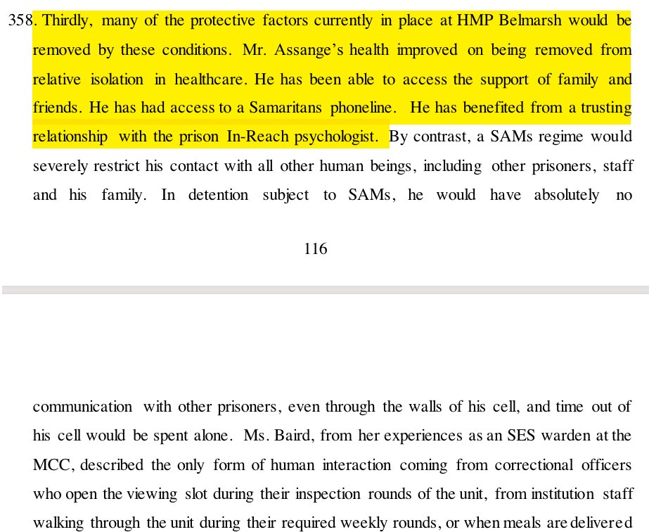 To contrast UK prisons with the dystopian hellhole of the US, here's what the judge said about how relatively good Assange has it in Belmarsh. She may use this to keep him in.Either way, Americans should reflect on how barbaric US "super-max" prison system is. It's repulsive.