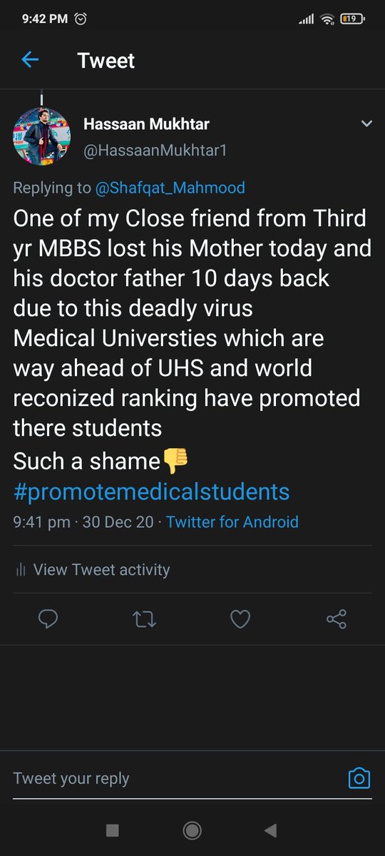 HassaanMukhtar1's tweet photo. Sir in a situation like this
When our beloved ones are dying of covid how can we be mentally preapred for exams 
A friend of mine lost his both parents recently 💔
If classes were online then why cant be exams if not then delay all the medical exams 
@fslsltn
#DelayAllProffsUHS https://t.co/AAsuXs3sl2