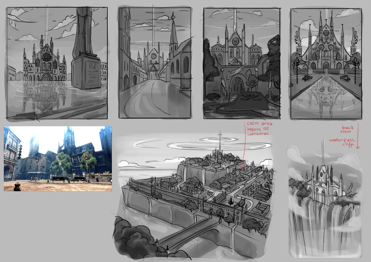 interior and exterior designs for class :D witch's lair is an abandoned cathedral filled with mysterious scriptures and a layout reminiscent of re2's police station -and emerald city where i threw bayonetta™'s paradisio, star wars™' naboo, and real world™'s venice in a blender 
