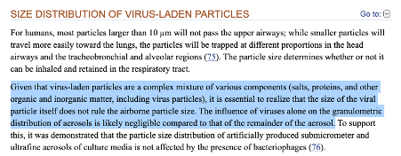 The size of an individual virus particle has little to do with the size of the stuff floating around in the air. This is from DOI 10.1128/MMBR.00002-08