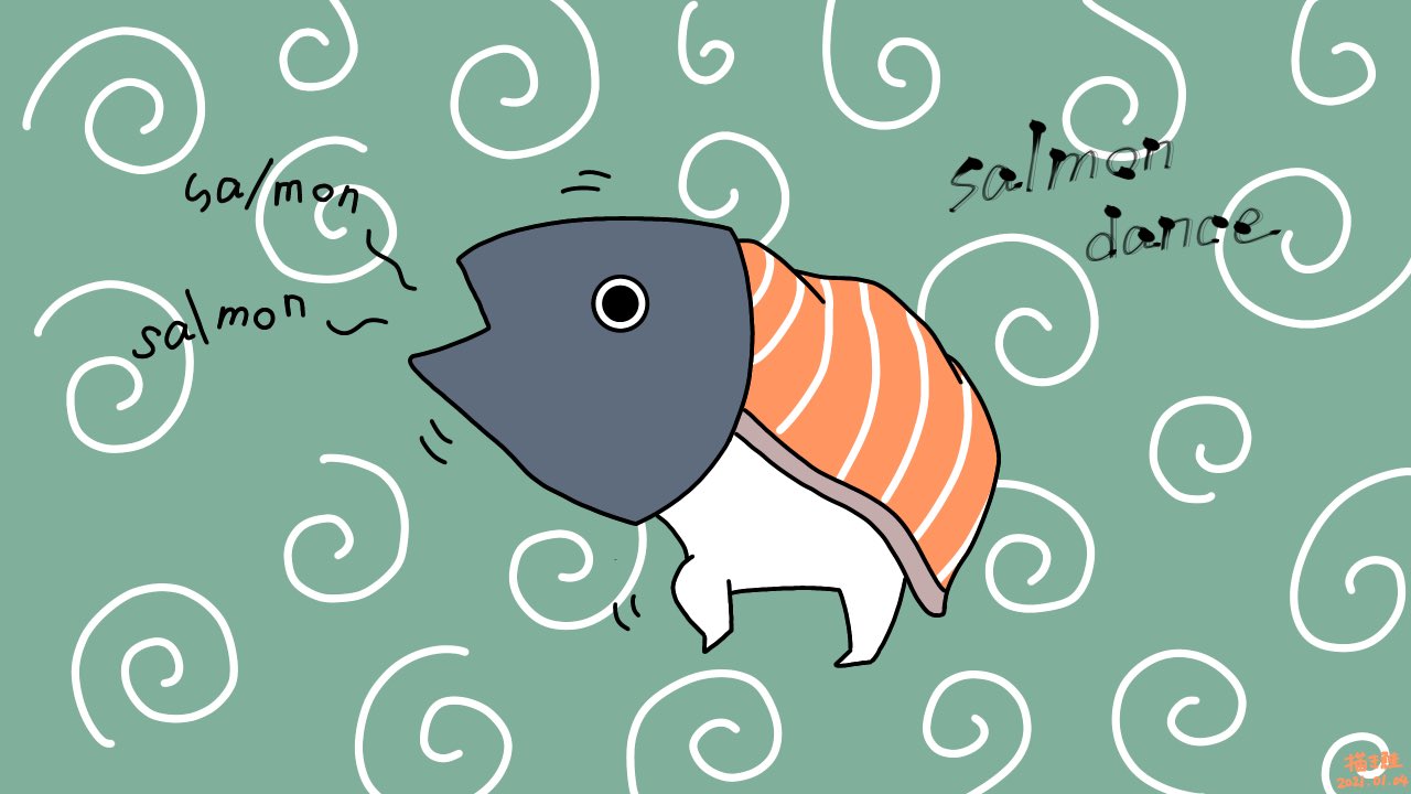 描き鮭 1日1サーモン 1日1サーモン 獅子舞サーモンバージョン Salmon Salmon 中はちょっと生臭そうです 唐草模様の布の代わりに薄切りサーモン 絵描きさんと繋がりたい イラスト好きさんと繋がりたい イラスト好きな人と繋がりたい イラスト