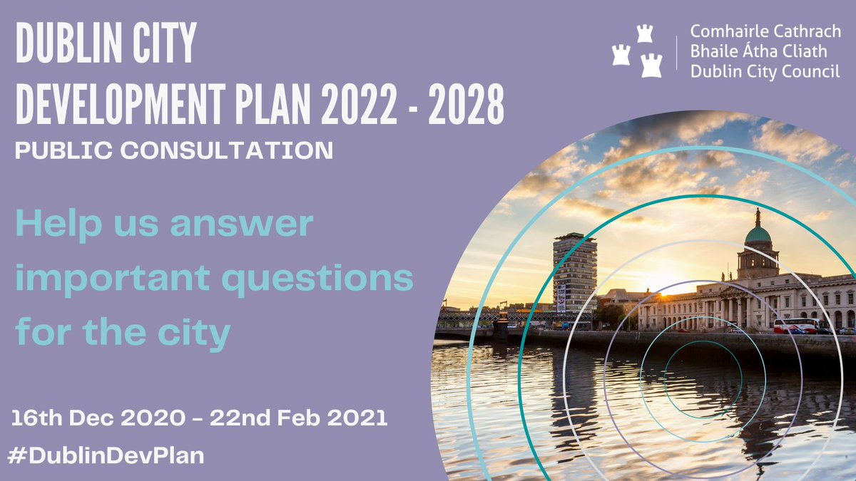 DubCityCouncil's tweet photo. We want to hear from you! Our public consultation for the Dublin City Development Plan 2022-2028 is live. Find out more & make a submission here:
https://t.co/aWWJ18IhFd
#YourCouncil #DublinDevPlan #Dublin https://t.co/8uuzoFmKPy