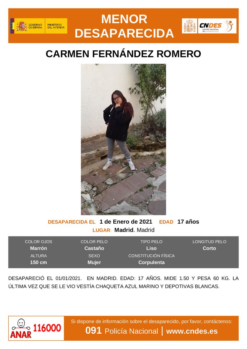 ⚠URGENTE⚠

Carmen tiene 17 años y ha desaparecido en Madrid

Por favor, si tienes información 📞 llámanos: 091, 062, 112

Tu RT 📲 no cuesta nada y puede ayudar a encontrarla