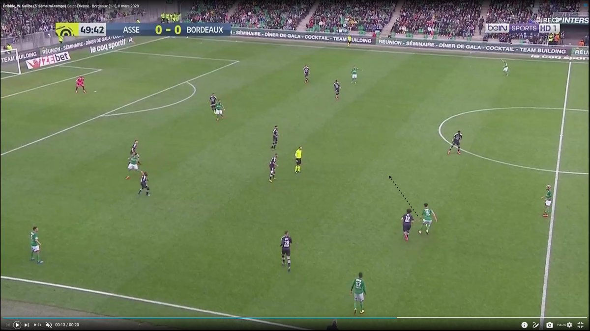 Sans solution de passe pour faire progresser le jeu, Saliba repère la zone dans laquelle il doit se projeter, puis use de feintes, de jeu de corps pour emmener le presseur sur des fausses pistes.