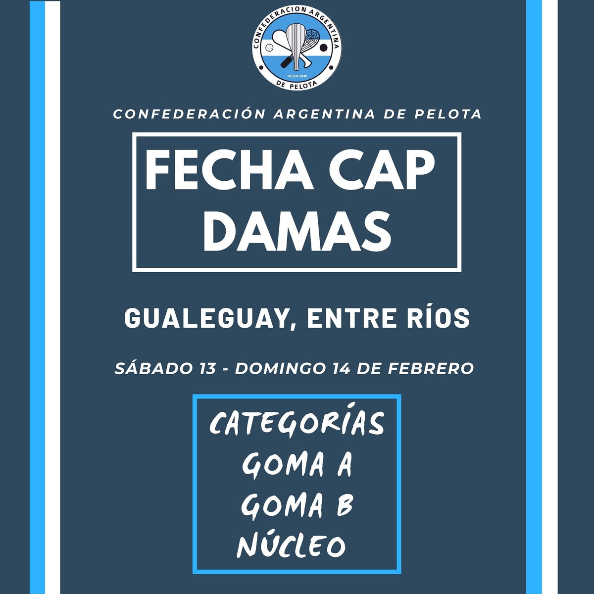 FECHA CAP DAMAS 2021

🇦🇷 La Confederación Argentina de Pelota informa a todos las categorías que disputarán la Fecha CAP de Damas 2021, las mismas serán: GOMA A, GOMA B Y NÚCLEO. 
Cualquier duda o consulta pueden evacuarla vía correo electrónico en info@pelotapaleta.com.ar