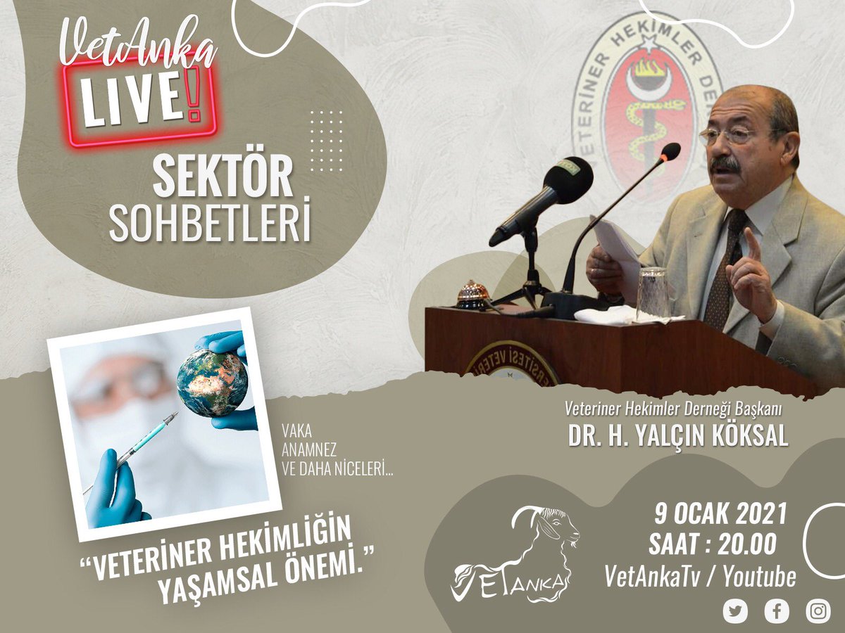 9 Ocak 2021 Cumartesi günü sayın Veteriner Hekimler Derneği başkanımız Dr.  H. Yalçın KÖKSAL bizlere“Veteriner Hekimliğin Yaşamsal Öneminden”bahsedecek.Hepinizi VetAnkaTV Youtube kanalımıza bekliyoruzz. 👀💫😊
#VetAnka #vetanka20 #VetAnkaLiveSektörSohbetleri