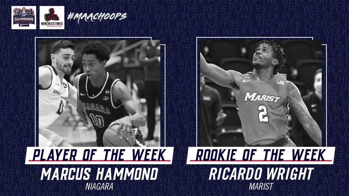 MetroConfHoops's tweet photo. Some big performances over the weekend 💪

Hammond and Wright take home the @HerculesTires #MAACHoops Weekly Awards!

Player - Marcus Hammond, @NiagaraMBB x @NUPurpleEagles

Rookie - Ricardo Wright, @MaristMBB x @MaristAthletics 

#MAACSports #MAAC40 

📰: https://t.co/TM5lST6cdN https://t.co/o92i3WeGQq