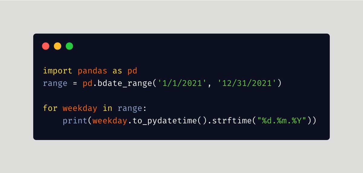 imalik8088's tweet image. Quite a cool method to print all working days for 2021. #pythontip #pandas #arbeitstage