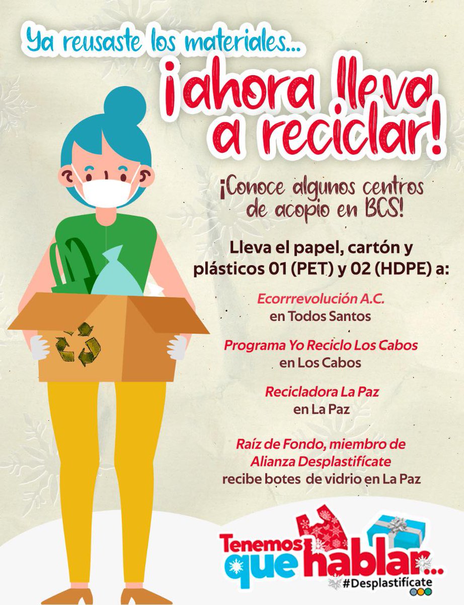 ¿Ya reutilizaste todo en casa? ¡Es momento de llevar a reciclar! ♻️ 
Conoce estos centros de acopio en nuestro estado o busca Re-Cicla Baja California Sur en Facebook y Ecolana en ecolana.com.mx 🖥 
¿A dónde llevarás tus materiales? #Desplastifícate