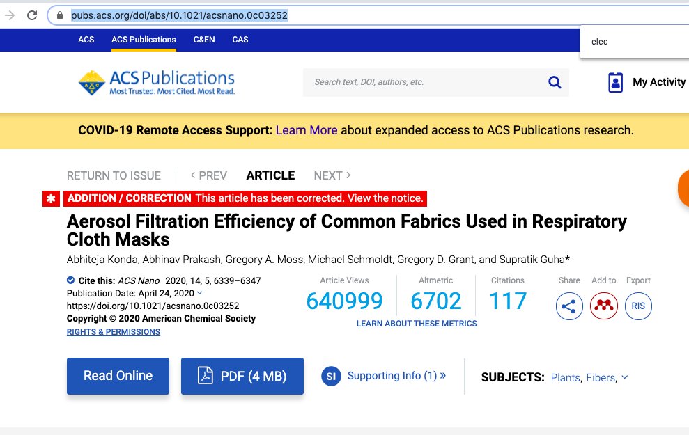 So, what DO we know about masks? 1. Aerosol filtration efficiency of cloth masks https://pubs.acs.org/doi/abs/10.1021/acsnano.0c03252