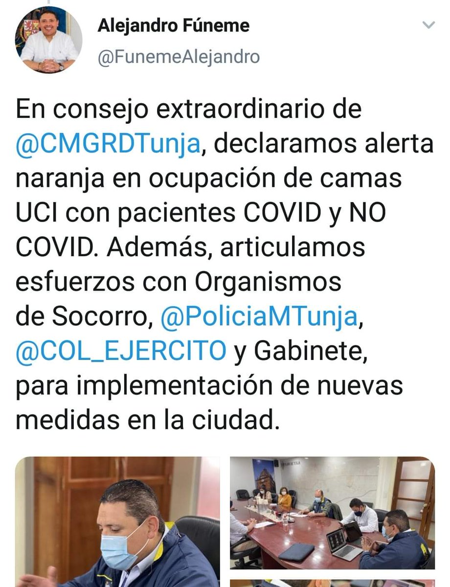 #Atención a través de su cuenta de Twitter el Alcalde de #Tunja, <a href="/FunemeAlejandro/">Alejandro Fúneme</a>, dio a conocer que se declaró alerta Naranja por la ocupación de UCI en la capital boyacense.