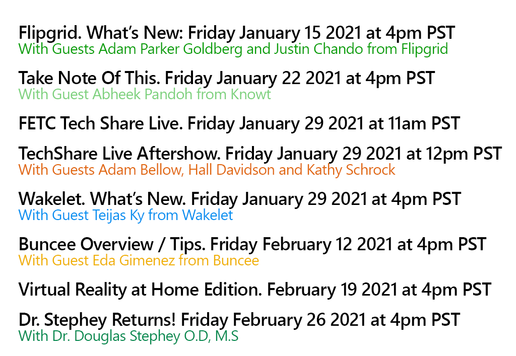 Happy to announce the return of my Free Friday Night Webinars. Here is my January and February schedule. Excited to be joined by so many friends to help all of us get our learning on. Signup is open now: lesliefisher.com/calendar/upcom… And yes, you see correctly FETC TechShare! Woo Hoo!