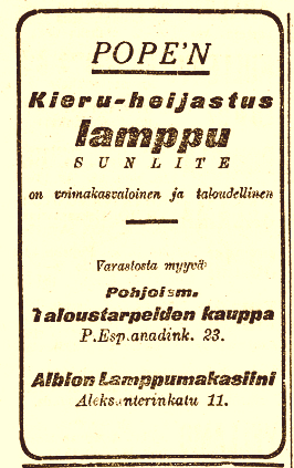 jouko_kokkonen's tweet photo. POPE’N 
Kieru-heijastus lamppu
           SUNLITE
on voimakasvaloinen ja taloudellinen.

Iltalehti 4.1.1921 #Suomi1921 #lamppu https://t.co/LHlkNX4BSL