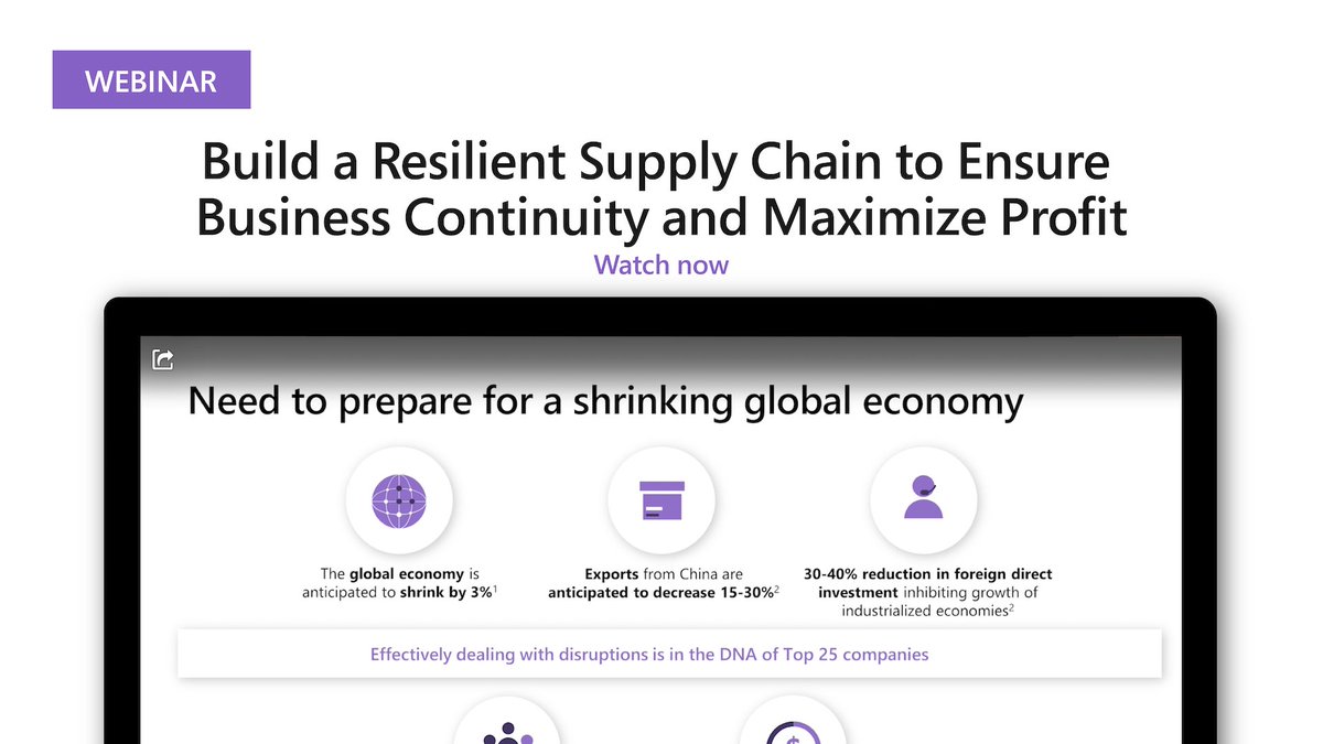 Enhance end-to-end visibility of your supply chain and make your manufacturing process more agile. You'll learn how #MSDyn365 Supply Chain Management can help in this webinar. Register: msft.it/6013pZKq5