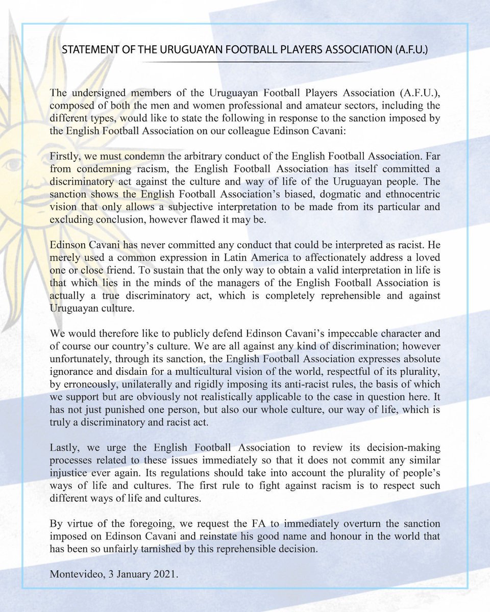Uruguay Football Players Association with a response to Cavani ban.
FA in the mud i am seeing....