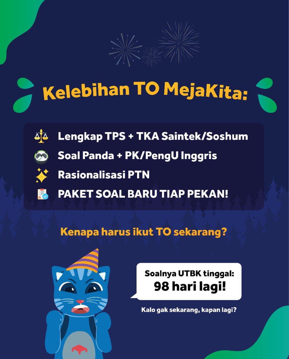 mejakita's tweet photo. PENDAFTARAN WEEKLY TRYOUT UTBK #18 GRATIS DIBUKA! 😺⚡Yuk kita mulai 2021 dengan semangat &amp; PROMO EKSKLUSIF baru menuju UTBK April ini!

Cukup ikuti ✅ 3 syarat gampang, &amp; ada TIGA (3) hadiah untuk nilai terbaik! 🏆 https://t.co/PK1faLXj8G