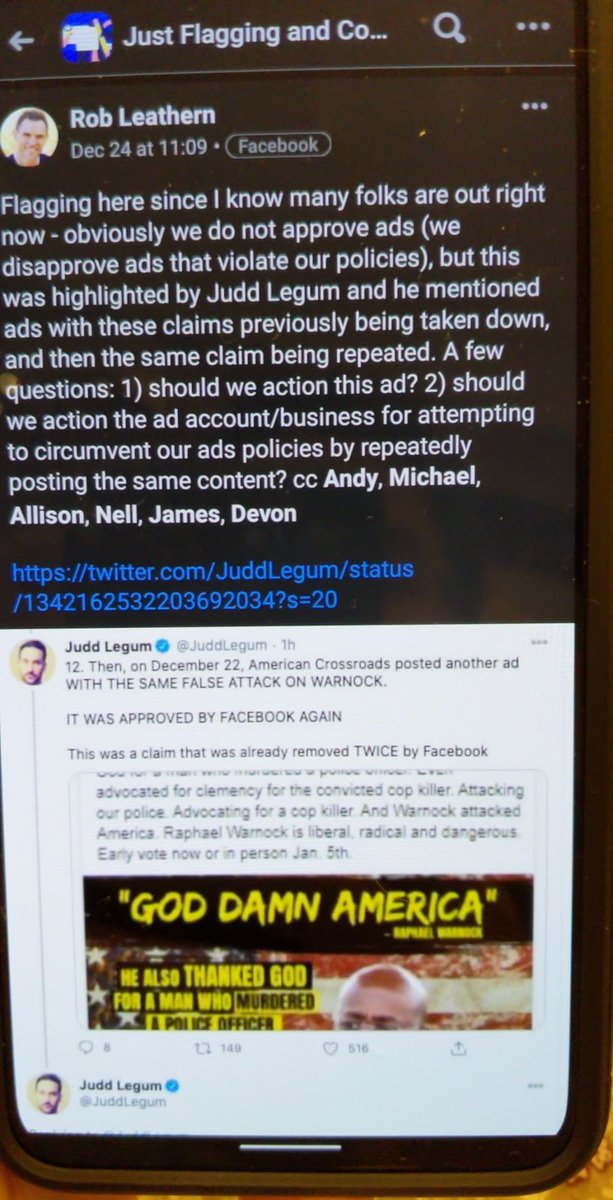 2. I obtained internal Facebook communications about the adsOn 12/24, Facebook exec Rod Leathern asked if Facebook should take action against American Crossroads "for attempting to circumvent our ads policies by repeatedly posting the same content?"  https://popular.info/p/facebook-fails-georgia