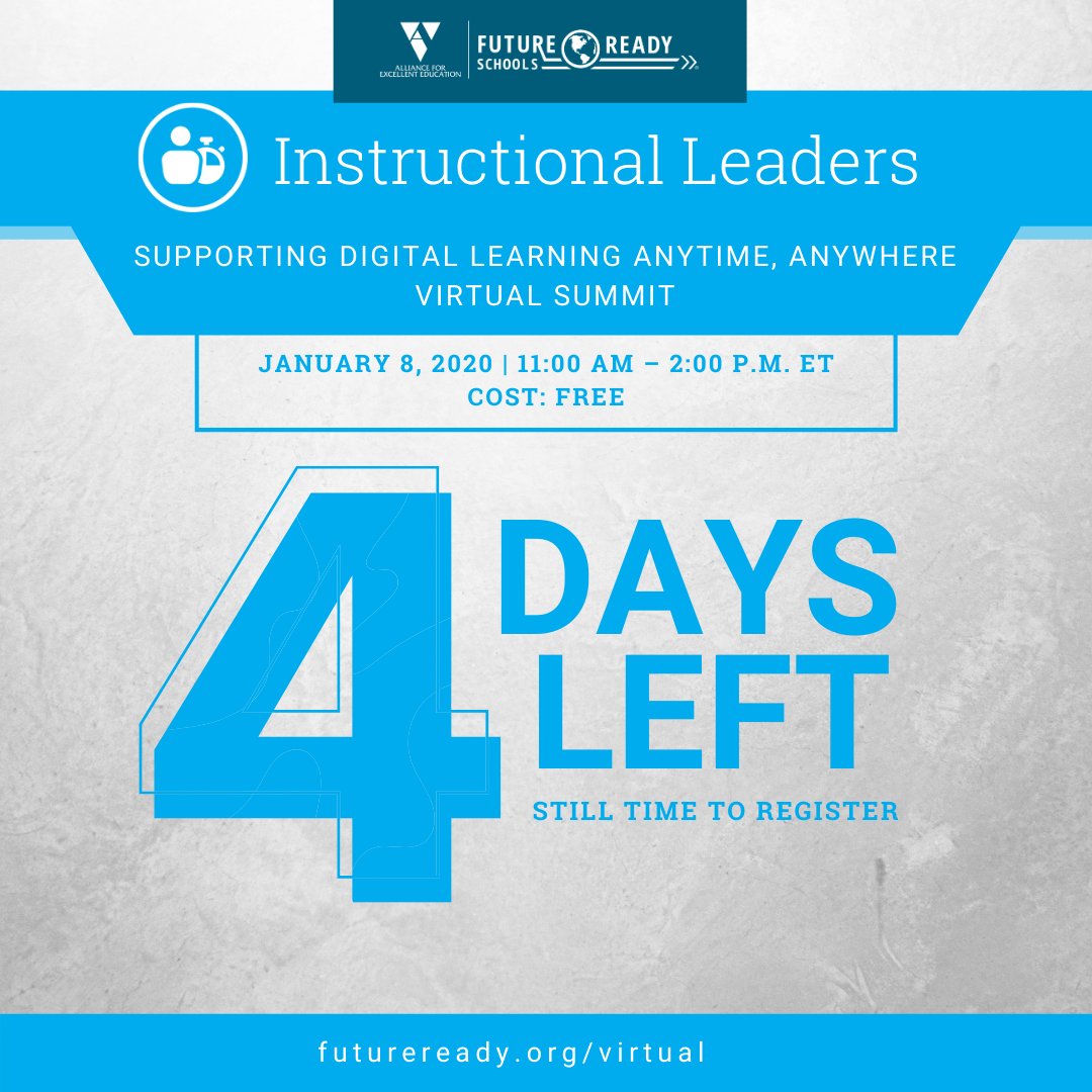 There's only 4️⃣ days left to register for the #FutureReady Instructional Leaders Summit: "Supporting Digital Learning Anytime, Anywhere," led by <a href="/DanaCastine/">Dana Castine</a> &amp; <a href="/bhodgesEDU/">Brianna Hodges</a>! Please join us: futureready.link/InstructionalS…