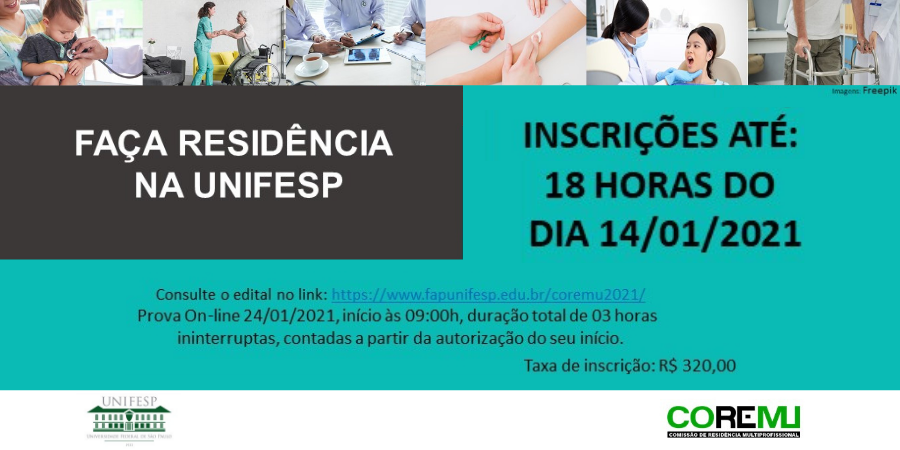 unifesp's tweet photo. Estão abertas as inscrições, até 14 de janeiro de 2021, para os Programas de Residência Multiprofissional e Uniprofissional em Saúde da #Unifesp: https://t.co/5FCeoOxEXJ. #somosunifesp #residência #saúde #oportunidade #coremu #vagasderesidência https://t.co/QVmmfHquLY