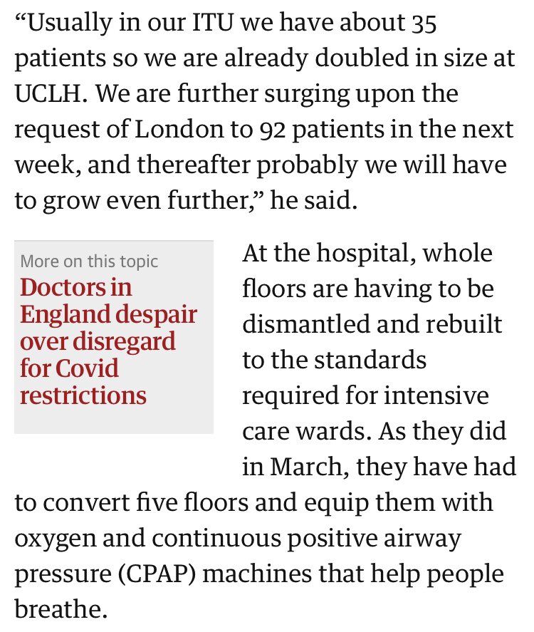 so how does an NHS intensive care unit cope when a spike of number of COVID patients suddenly hits?well, more beds are created by finding ventilators in operating theatres and spreading staff thinner, huge efforts are made! https://www.theguardian.com/world/2020/dec/31/london-hospital-uclh-warns-on-track-become-covid-only