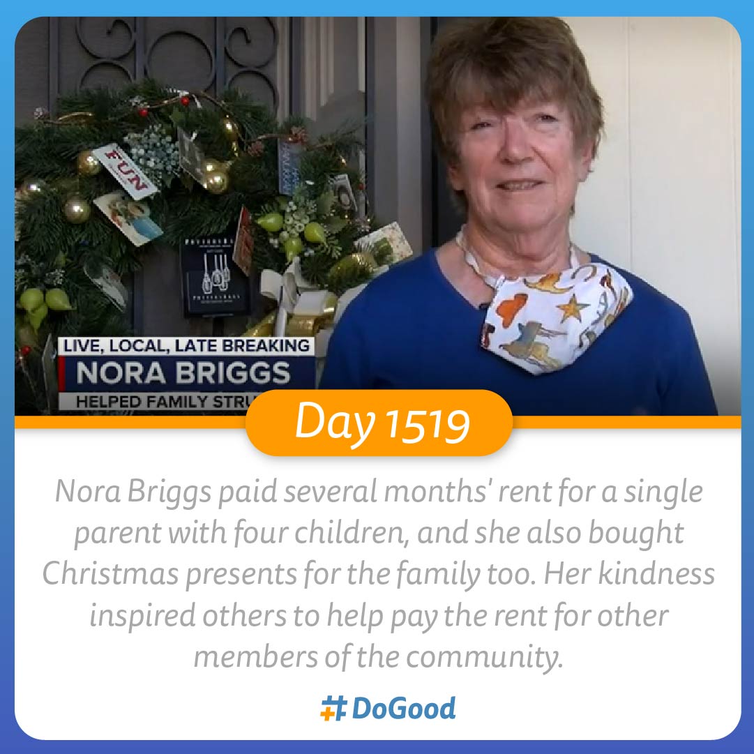 hashtagDoGood's tweet photo. #DoGood Day 1519

Nora Briggs paid several months' rent for a single parent with four children, and she also bought Christmas presents for the family too. Her kindness inspired others to help pay the rent for other members of the community.
https://t.co/nwBz4obd1Y https://t.co/VnYDPJm3tv