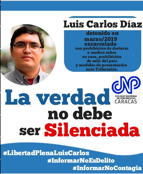 CNPCaracas's tweet image. #4Ene El Comunicador Luis Carlos Díaz @LuisCarlos fue detenido por funcionarios del Sebin en #Mar2019 . Liberado con medidas de prohibición de declarar a medios sobre su caso,presentación ante tribunales cada 8 dias y prohibición de salida del país. #LibertadPlenaParaLuisCarlos