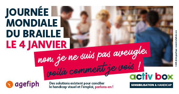 Agefiph_'s tweet photo. JOURNEE MONDIALE DU BRAILLE 🗓

A l'occasion de cette journée, découvrez l'ensemble des solutions proposées par l'Agefiph pour concilier le #handicap visuel et l'#emploi dans l'Activ Box du mois de janvier.

📌 https://t.co/pKxpYKXaPx https://t.co/bIhrJX99gI