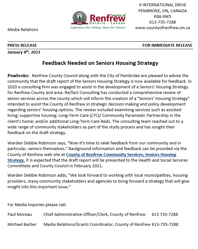 Press Release: Feedback Needed on Seniors Housing Strategy