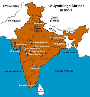 12 Jyotirlinga Sthanas in Bharatabarsha.'Jyotirlinga' in Sanskrit is combination of 'Jyoti' means Radiance & Linga the sign of Shiva.Thus Jotirlinga is radiant sign of Shiva ,A shrine where Mahadev Shiva worshiped in the form of fiery column of light .