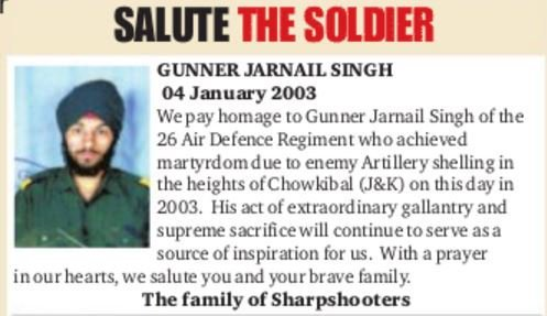  #ObituaryOfTheDayGunner Jarnail Singh, 26 AD RegimentFell to an enemy shell 18 yrs ago, just before the so called LC Ceasefire came into effect