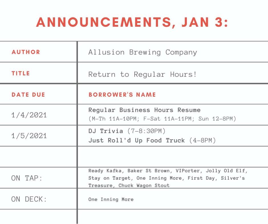 Allusion Brewing Company (@allusionbrews) on Twitter photo WE ARE BACK!
Regular hours resume today, with DJ Trivia and <a href="/justrolldup/">Just Roll'd Up</a> Tuesday night!
Online Ordering and Carry-out/Curbside still available. #pabeer #allusionbrewing #drinklocal #craftpgh #pghcraftbeer #vandergrift WE ARE BACK!
Regular hours resume today, with DJ Trivia and <a href="/justrolldup/">Just Roll'd Up</a> Tuesday night!
Online Ordering and Carry-out/Curbside still available. #pabeer #allusionbrewing #drinklocal #craftpgh #pghcraftbeer #vandergrift