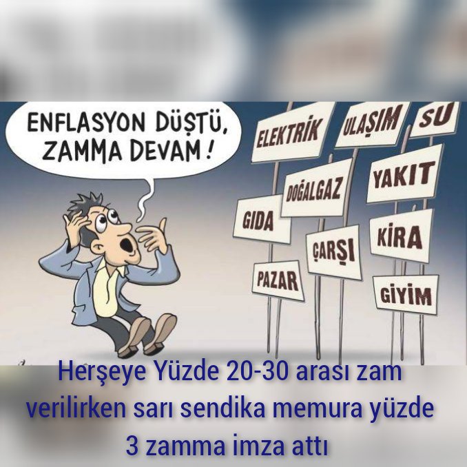 Yoksulluk sınırı üzerinde maaş dedik. Yüzde 7,36 maaş zammını hak görmüşler. Memuru enflasyon yedi, bitirdi. 
<a href="/RTErdogan/">Recep Tayyip Erdoğan</a>
<a href="/ZehraZumrutS/">Zehra Zümrüt Selçuk</a>
<a href="/fahrettinaltun/">Fahrettin Altun</a>
<a href="/SaHaDernegi/">Sağlık Çalışanları Hak Ve Mücadele Derneği</a> #EnflasyonMemuru7