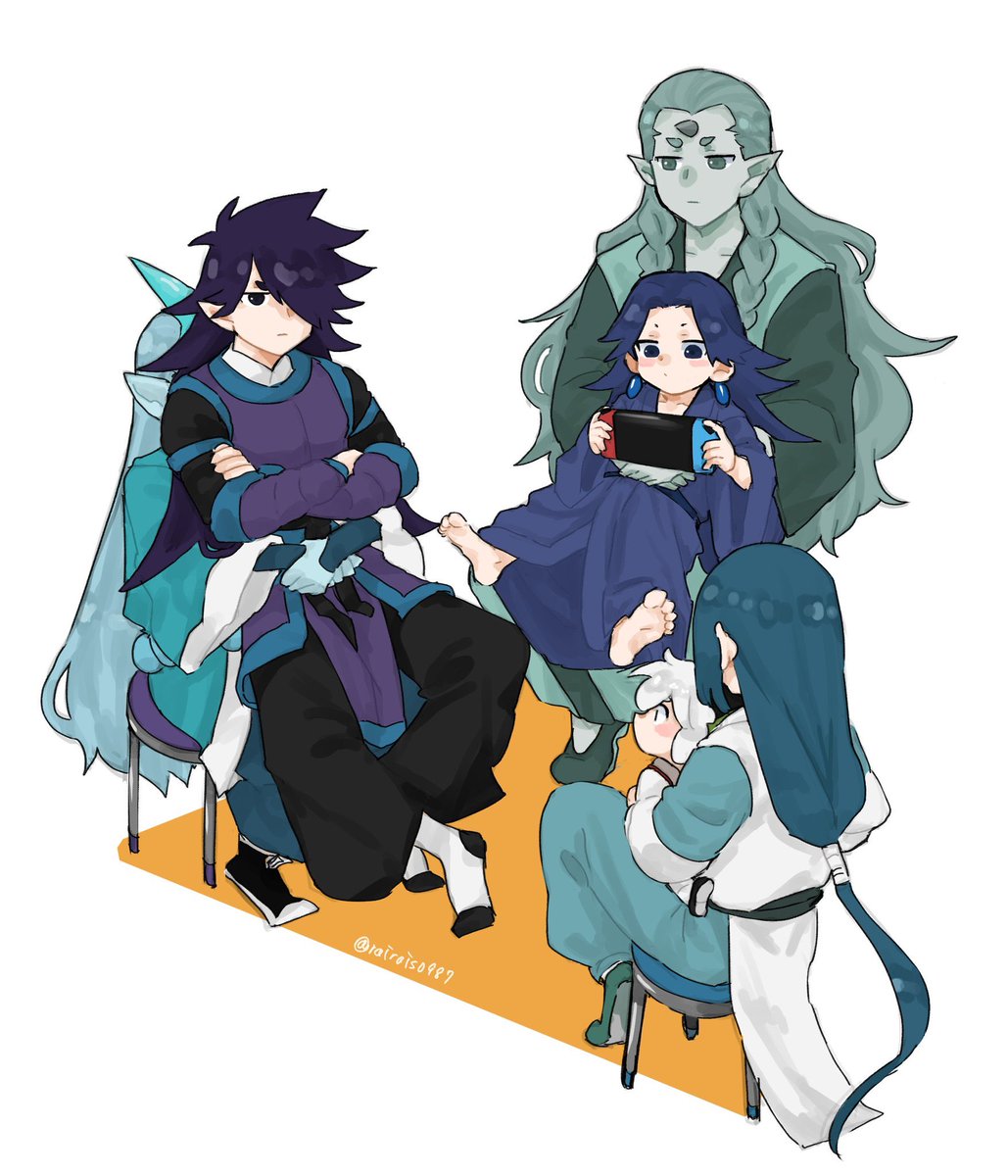 multiple boys pointy ears long hair sitting low-tied long hair aqua hair barefoot  illustration images