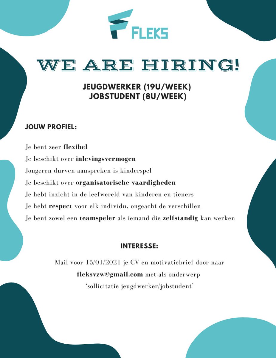 WE ARE HIRING!

Heb jij een hart voor jongeren en ben je op zoek naar een job die deuren kan openen voor anderen? Een job met als hoofdbezigheid jongeren inspireren, motiveren en ondersteunen?

Dan hebben wij goed nieuws!

Wij zijn dringend op zoek naar 2 nieuwe medewerkers!