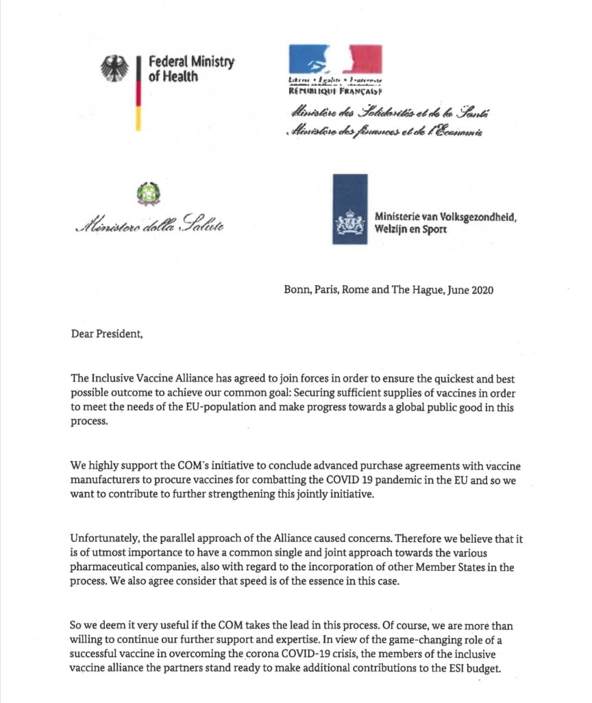 This is the letter sent by the healthcare minister to the Commission, drafted in slightly apologetic tone, asking the EU executive to take over vaccine procurement. Result: the EU, pop 450m, is now stuck with mere 200m BioNTech-Pfizer and 80m Moderna jabs by the autumn (at best).