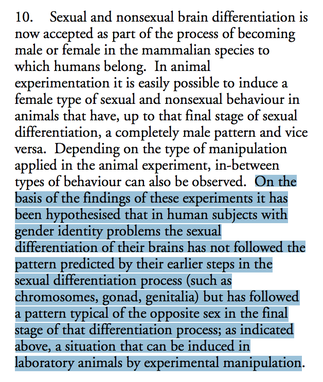This is the report of The Interdepartmental Working Group on Transsexual People from 2000.It contains an Appendix A that reprises the 'wrong brain sex' thesis. http://docs.scie-socialcareonline.org.uk/fulltext/wgtrans.pdf