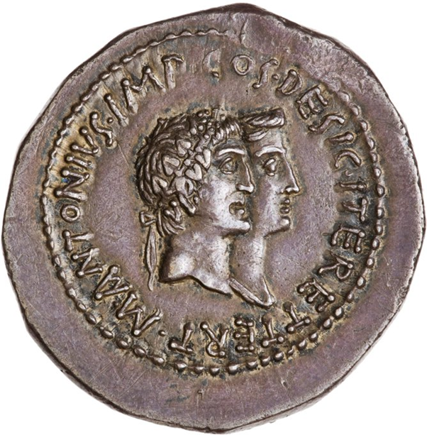 The presence of Octavia on these coins is also interesting, as she features on other cistophoric designs, such as this jugate portrait Obverse with Legends identical to the previous coin. Image: ANS 1944.100.7032. Link -  http://numismatics.org/collection/1944.100.7032