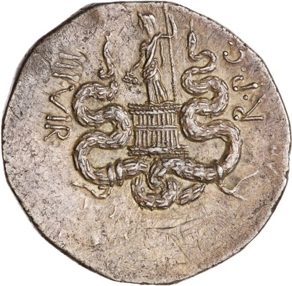 The presence of Octavia on these coins is also interesting, as she features on other cistophoric designs, such as this jugate portrait Obverse with Legends identical to the previous coin. Image: ANS 1944.100.7032. Link -  http://numismatics.org/collection/1944.100.7032