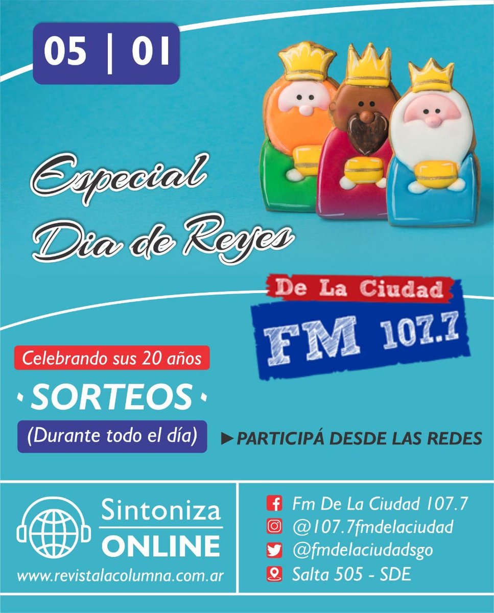 #Año2021
Cumplimos 2️⃣0️⃣ años al aire 📻🎉
Y que mejor manera de pasar este importante día  con uds 🚺🚹🚻,nuestros querid@s oyentes👂.
Con Muchos Premios festejaremos en el  "ESPECIAL DÍA DE REYES" 👳🏿‍♂️👳🏻‍♂️👳‍♂️

👉🏻 NOMBRE COMPLETO
👉🏻 TRES ÚLTIMOS NÚMEROS DEL DNI