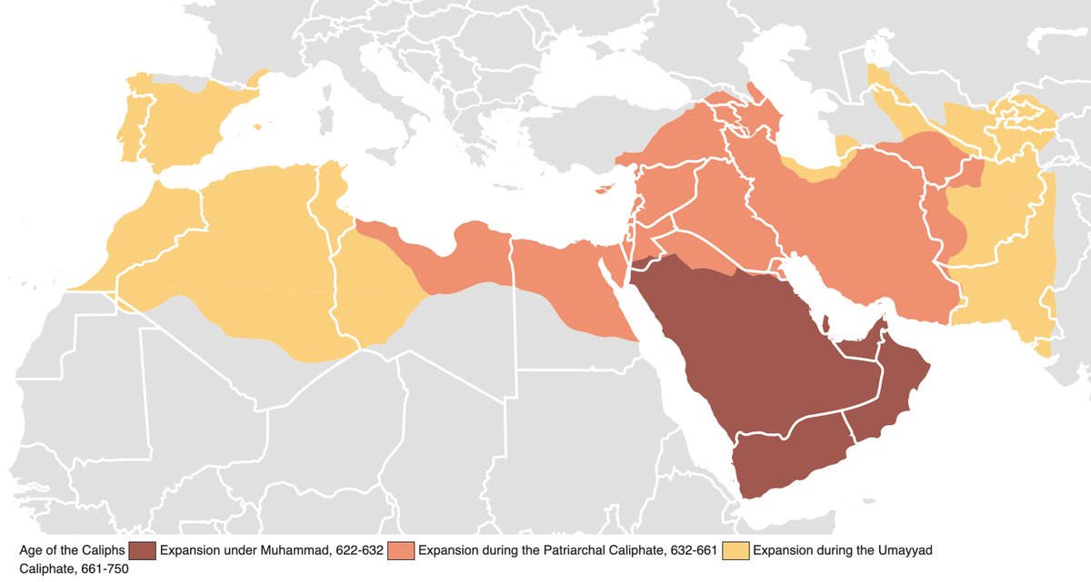 For context, the Muslim conquests were an awesome event in world history. Muhammad died in 642. Within decades, Arabian tribes, unified under Islam, conquered the Persians & large parts of the Byzantine Empire. Within ~a century, they built the largest empire ever (to that point)