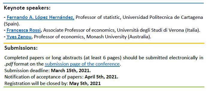 Florent_Sari's tweet photo. Call for papers - 19th International Workshop on Spatial Econometrics and Statistics - May 31th and June 1st, 2021
https://t.co/O8mucoPfrh
#spatialeconometrics #spatialstatistics #academicconference
@SpatialEA @StatFr @ERSA_org @AfseContact https://t.co/T4VxufIOgF