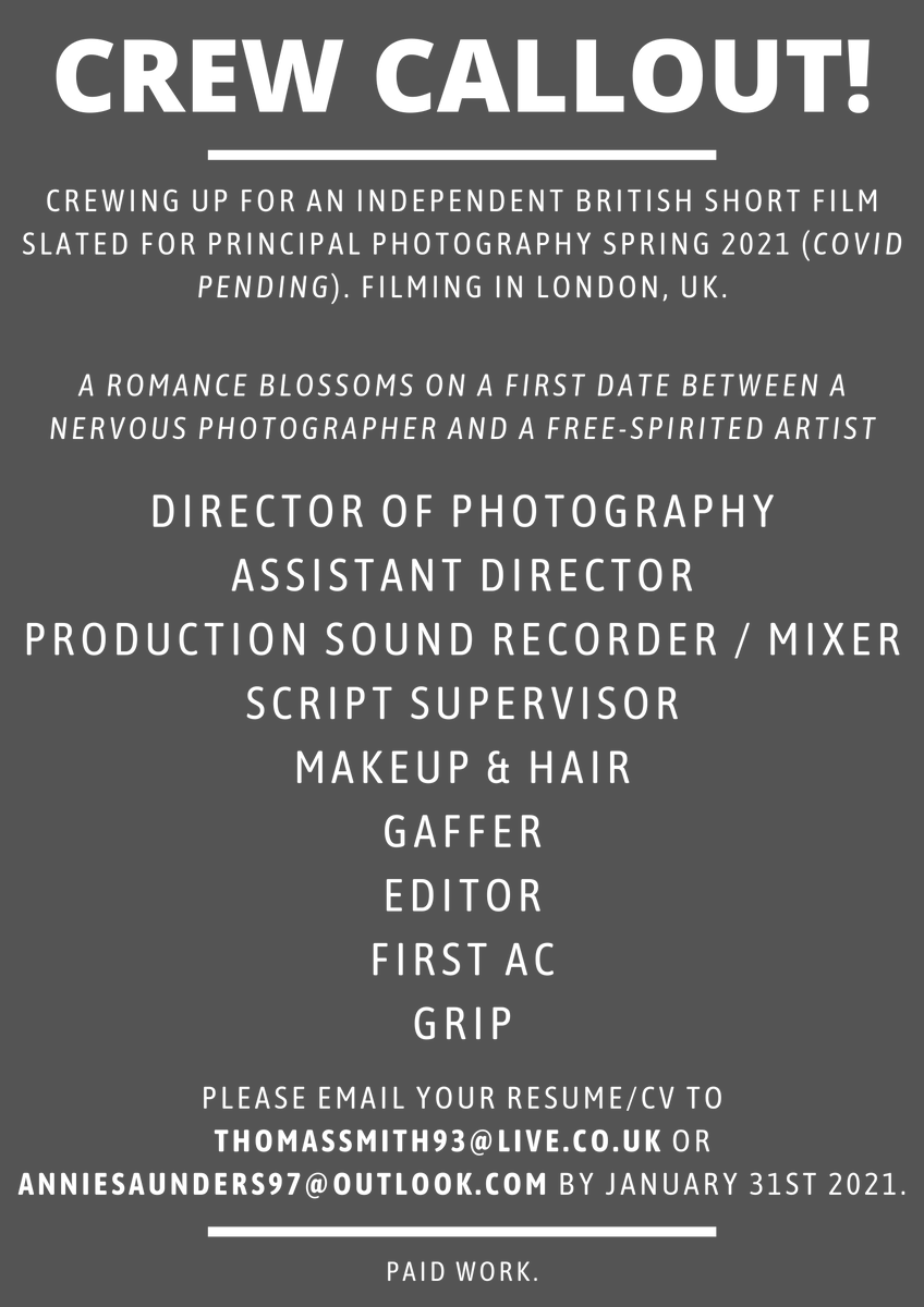 tommsmith1993's tweet photo. CREW CALLOUT!

Crewing up for an independent British short film slated for principal photography Spring 2021 (COVID-19 pending).

Filming in London, UK. Paid work.

Please send resume/CV to emails listed below.

*Not currently casting at the moment* https://t.co/cRQG6F9wH7