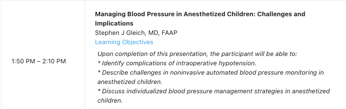 ewhitakermd's tweet photo. SPA ANNUAL MEETING 2021 Daily Highlight! On  Thurs 2/25/21 at 1:50pm EST, Dr. @StephenGleich will address a controversial and complex topic: intraoperative BP management in children. Relevant to anyone caring for kids in the OR! #pedsanes 
@PediAnesthesia
  
@JinaSinskeyMD https://t.co/PILcsQXimd