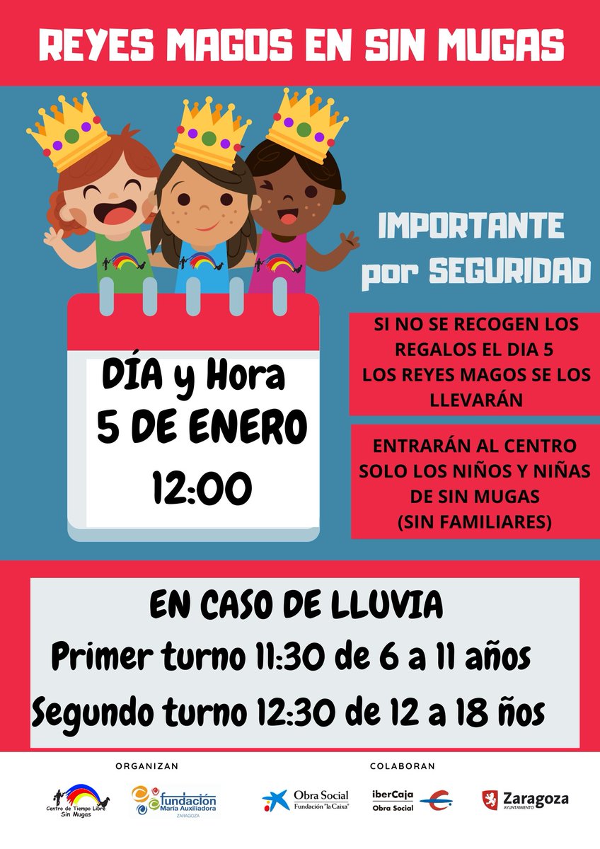 CTL SIN MUGAS

Mañana a las 12 nos visitaran sus Majestades los Reyes Magos para entregar a los chicos y chicas sus regalos.

Será una visita en el patio con todas las medidas sanitarias de prevención frente al Covid 19.

#cuidalavidaponlecorazón