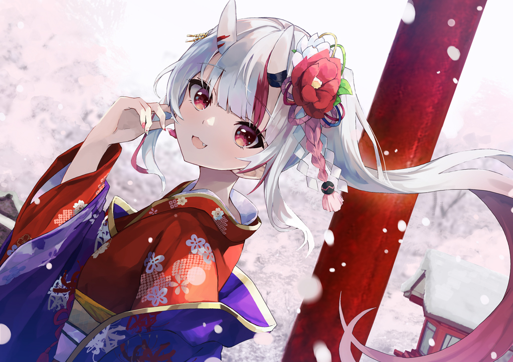 nakiri ayame 1girl horns japanese clothes kimono solo hair ornament red eyes  illustration images