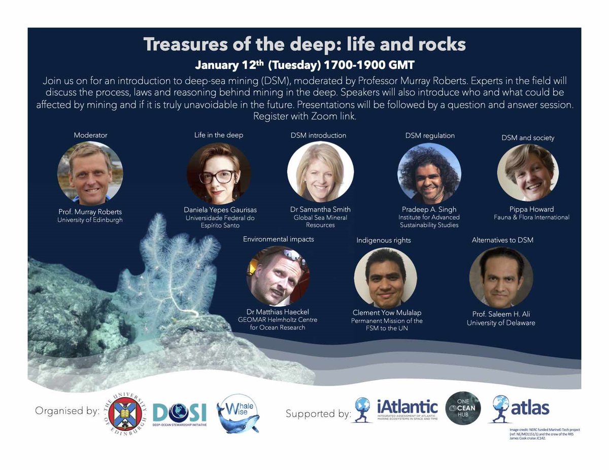 iAtlanticEU (@iatlanticeu) on Twitter photo Treasures of the Deep: Life & Rocks
Join us on 12 January 2021 for a discussion on the process, laws & #science behind #deepsea mining, moderated by Prof Murray Roberts!
<a href="/jmurrayroberts/">J Murray Roberts</a> <a href="/DeepStewardship/">DOSI</a> <a href="/WhaleWiseLive/">Whale Wise</a> <a href="/eu_atlas/">Eu_ATLAS</a> <a href="/OneOceanHub/">One Ocean Hub</a> <a href="/EdinburghUni/">The University of Edinburgh</a> <a href="/GalletadeMar/">Daniela Y. Gaurisas</a> Treasures of the Deep: Life & Rocks
Join us on 12 January 2021 for a discussion on the process, laws & #science behind #deepsea mining, moderated by Prof Murray Roberts!
<a href="/jmurrayroberts/">J Murray Roberts</a> <a href="/DeepStewardship/">DOSI</a> <a href="/WhaleWiseLive/">Whale Wise</a> <a href="/eu_atlas/">Eu_ATLAS</a> <a href="/OneOceanHub/">One Ocean Hub</a> <a href="/EdinburghUni/">The University of Edinburgh</a> <a href="/GalletadeMar/">Daniela Y. Gaurisas</a>