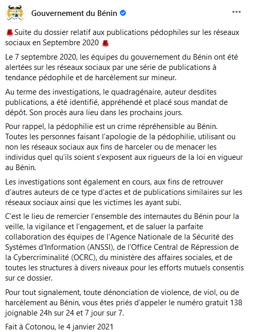 gouvbenin's tweet photo. 🚨Chers internautes du Bénin #team229 #wasexo 🚨
Le quadragénaire, auteur desdites publications, a été identifié, appréhendé et placé sous mandat de dépôt. 
Son procès aura lieu bientôt.
https://t.co/imihEmjwLs
Appelez le 138 pour les dénonciations 7j/7, 24h /24
Merci à tous. https://t.co/A6KQqmL5L3