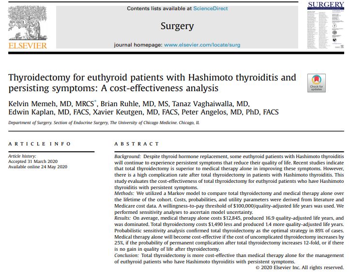 American Association of Endocrine Surgeons (@theaaes) on Twitter photo Markov modeling shows that total thyroidectomy is more cost-effective than medical therapy alone in euthyroid patients with Hashimoto thyroiditis.
More at: surgjournal.com/article/S0039-…
<a href="/ThyCaInc/">ThyCa Inc.</a> <a href="/AmThyroidAssn/">American Thyroid Association</a> <a href="/TheAACE/">AACE</a> <a href="/SurgJournal/">SURGERY Journal</a> <a href="/SWexner/">Steven D Wexner MD, PhD</a> <a href="/pangelos1/">Peter Angelos, MD</a> <a href="/XKeutgen/">Xavier Keutgen</a> <a href="/UChicago/">The University of Chicago</a> Markov modeling shows that total thyroidectomy is more cost-effective than medical therapy alone in euthyroid patients with Hashimoto thyroiditis.
More at: surgjournal.com/article/S0039-…
<a href="/ThyCaInc/">ThyCa Inc.</a> <a href="/AmThyroidAssn/">American Thyroid Association</a> <a href="/TheAACE/">AACE</a> <a href="/SurgJournal/">SURGERY Journal</a> <a href="/SWexner/">Steven D Wexner MD, PhD</a> <a href="/pangelos1/">Peter Angelos, MD</a> <a href="/XKeutgen/">Xavier Keutgen</a> <a href="/UChicago/">The University of Chicago</a>